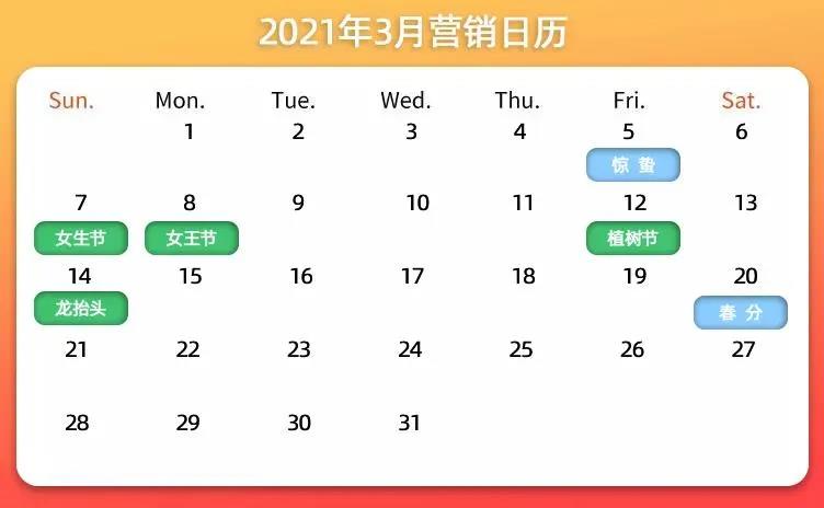 【企叮咚科技平臺營銷策略】2021年3月營銷日歷來了！實體借勢營銷必備！禮品采購首選企叮咚